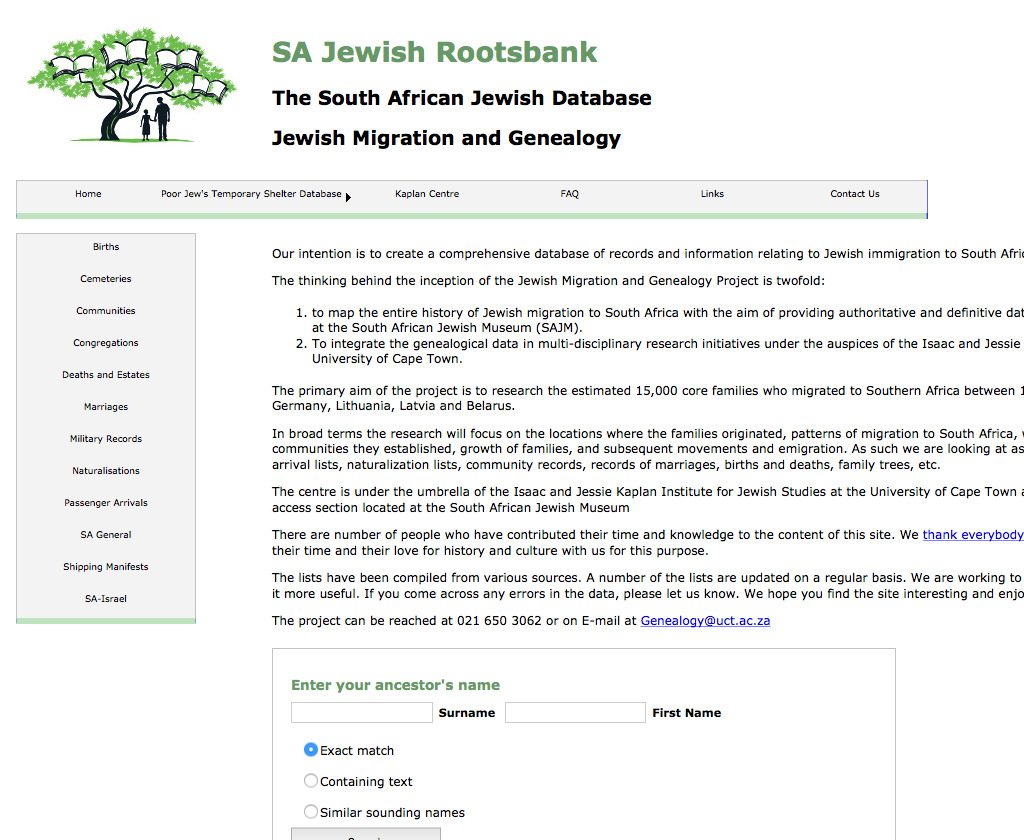 SA Jewish Rootsbank - Web Site - B&F: Jewish Genealogy And More