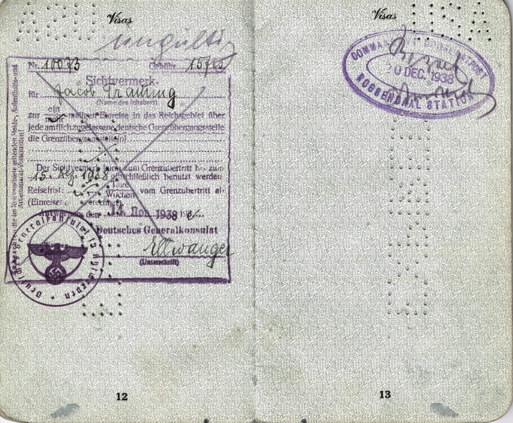 Visa to enter Nazi Germany issued November 11, 1938