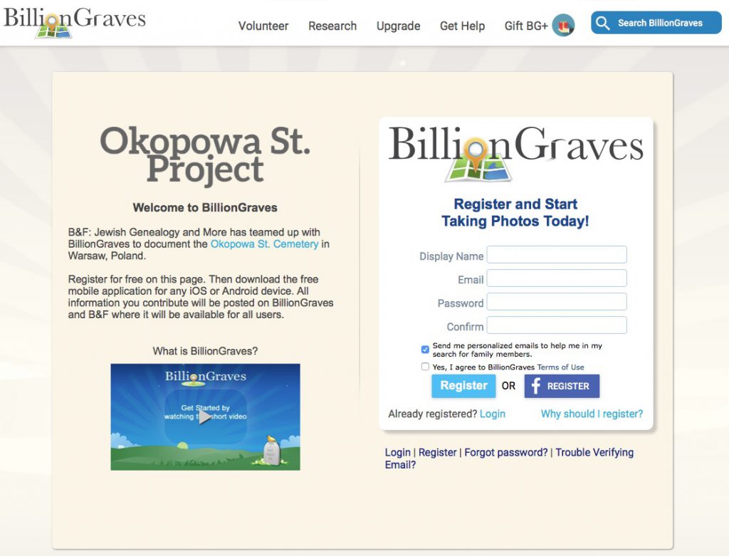 Okopowa St. Project BillionGraves registration page