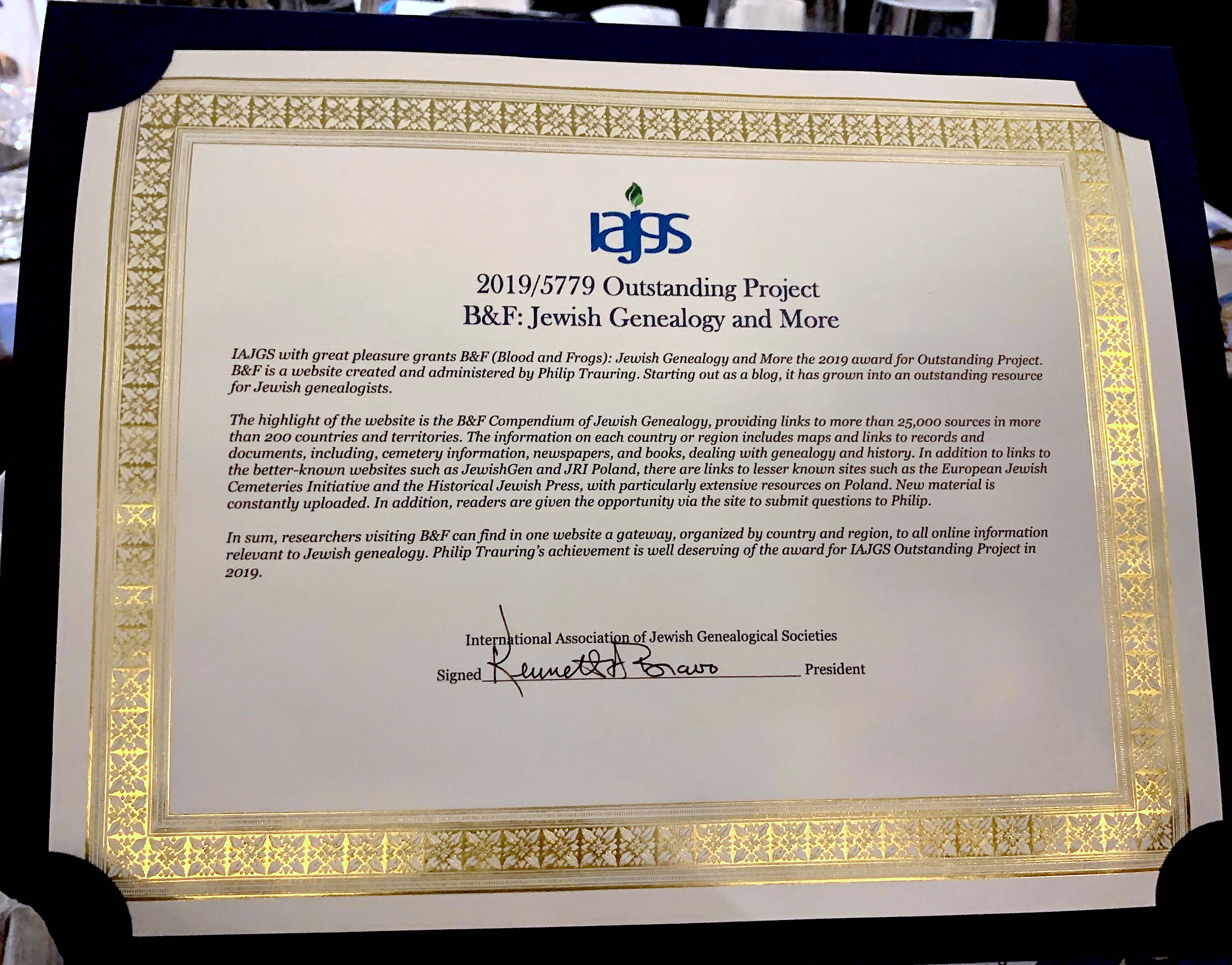 B&F Honored By The IAJGS - B&F: Jewish Genealogy And More