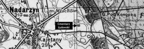 Mapa Nadarzyna z 1932 r. z zaznaczonym cmentarzem ydowskim